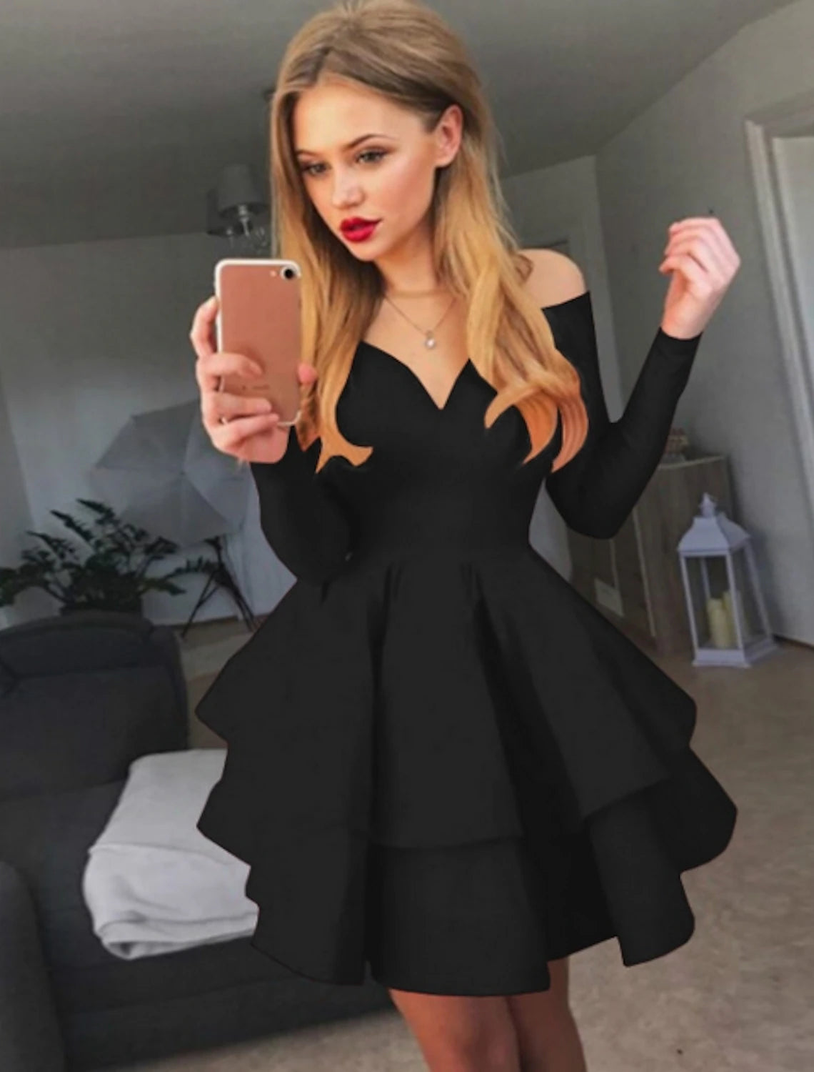 Wholesale A-line Ruched Homecming Dresses Black Red White Long Sleeve Layered Tiered Short Dress Spring Summer Off Shoulder Hot Cocktail Party